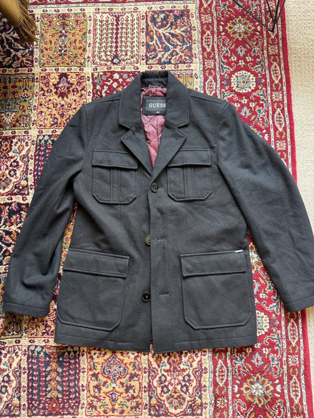 GUESS Men's Black Peacoat Coat with Quilted Burgundy Lining, Size M
